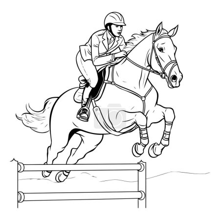 Téléchargez les illustrations : Jockey à cheval sautant par-dessus un obstacle. illustration vectorielle noir et blanc - en licence libre de droit