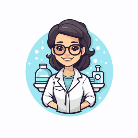 Illustration for Scientist woman cartoon character in round icon. Vector illustration of female scientist in lab coat and glasses. - Royalty Free Image