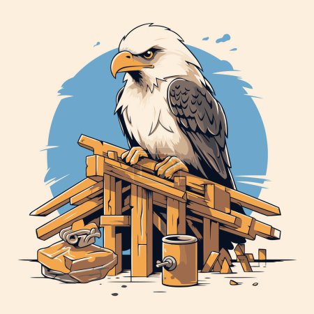 Illustration for Bald eagle sitting on a wooden house. Vector illustration in retro style. - Royalty Free Image