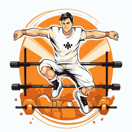 Ilustración de Hombre atlético saltando sobre la valla. Ilustración vectorial. - Imagen libre de derechos