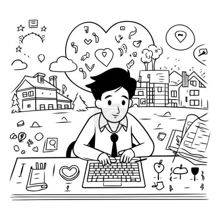Illustration for Businessman working on computer in the city. Doodle style vector illustration. - Royalty Free Image