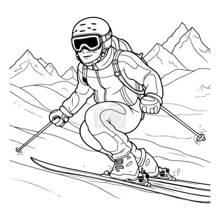 Téléchargez les illustrations : Ski skieur en montagne. Illustration vectorielle noir et blanc pour livre à colorier. - en licence libre de droit