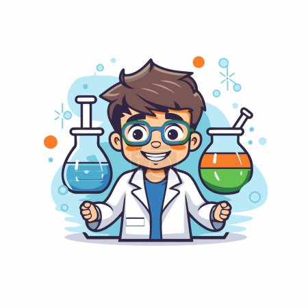 Illustration for Scientist boy cartoon character with science equipment. Vector science illustration. - Royalty Free Image