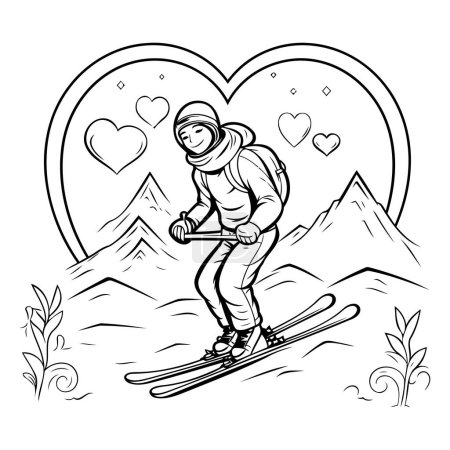 Téléchargez les illustrations : Illustration vectorielle du skieur en montagne. Style art linéaire. - en licence libre de droit