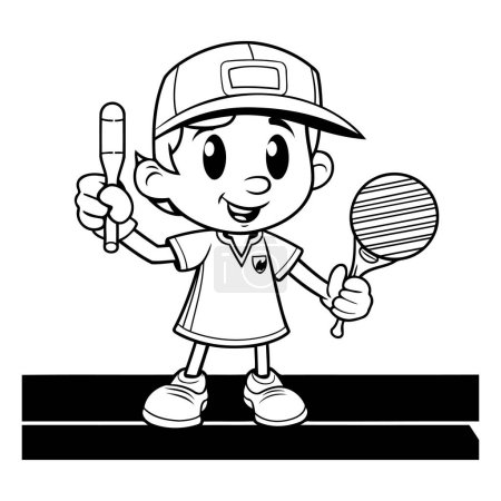 Téléchargez les illustrations : Petit garçon mignon jouant au tennis Illustration de bande dessinée noir et blanc - en licence libre de droit