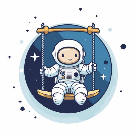 Téléchargez les illustrations : Mignon astronaute sur une balançoire. Illustration vectorielle dans le style dessin animé. - en licence libre de droit
