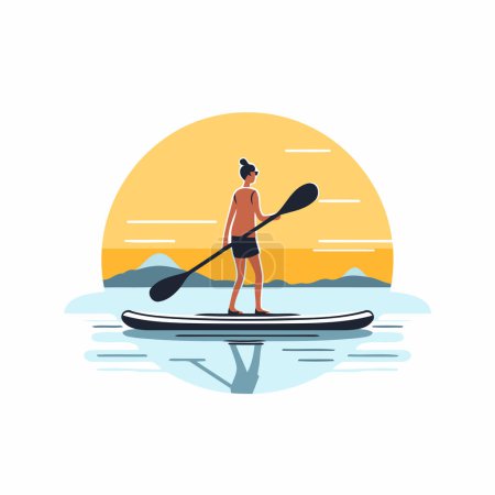 Illustration for Woman paddling on stand up paddleboard. Flat style vector illustration. - Royalty Free Image