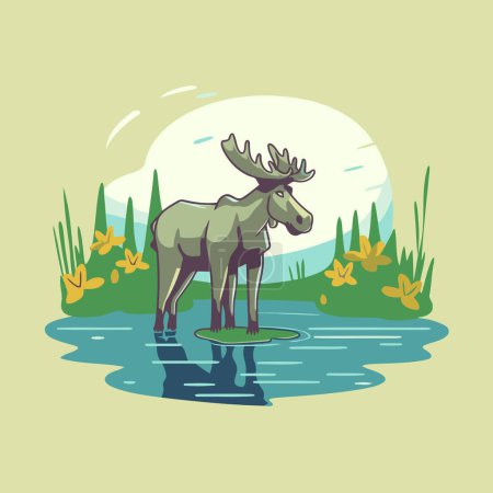 Illustration for Moose in a pond. Vector illustration in a flat style. - Royalty Free Image