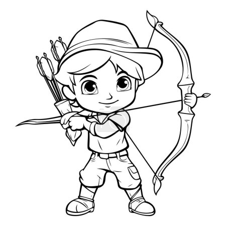 Téléchargez les illustrations : Illustration de dessin animé noir et blanc de personnage de tir à l'arc garçon mignon pour livre à colorier - en licence libre de droit
