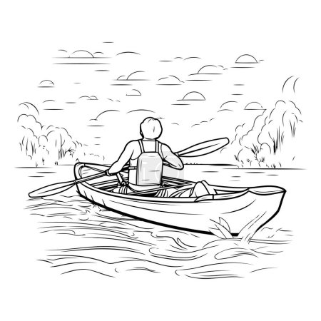 Illustration for Man in a canoe on the river. Black and white vector illustration. - Royalty Free Image