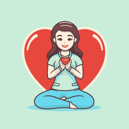 Ilustración de Mujer meditando en posición de loto con corazón rojo. Ilustración vectorial. - Imagen libre de derechos