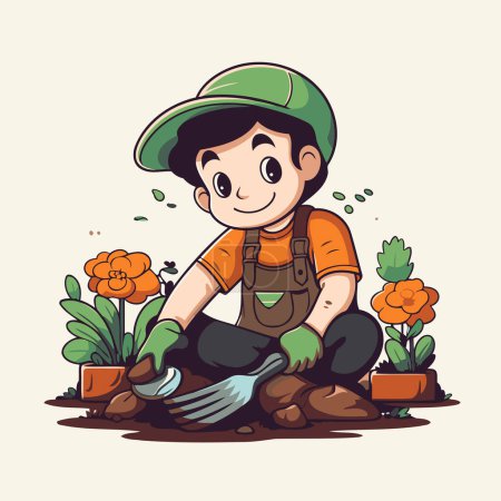 Illustration for Cartoon gardener boy planting flowers in the garden. Vector illustration. - Royalty Free Image
