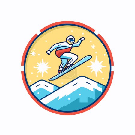 Téléchargez les illustrations : Snowboarder sautant dans les montagnes. Illustration vectorielle de style plat. - en licence libre de droit
