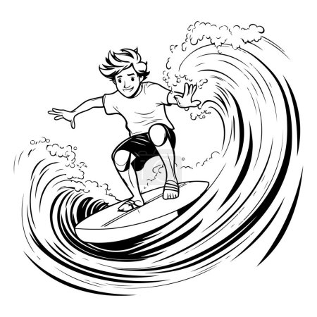 Illustration for Surfer jumping on a big wave. black and white vector illustration - Royalty Free Image