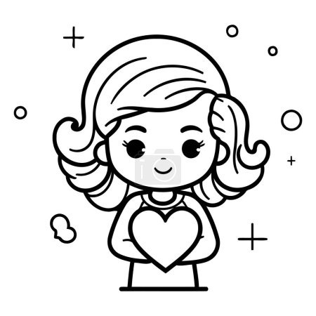 Ilustración de Ilustración de dibujos animados en blanco y negro de linda niña con forma de corazón para colorear libro - Imagen libre de derechos