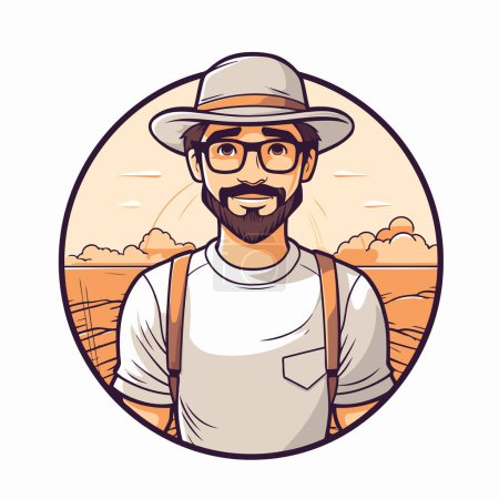 Ilustración de Hipster hombre con barba y bigote en sombrero y gafas en el campo. Ilustración vectorial. - Imagen libre de derechos