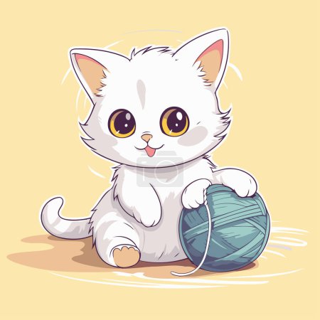 Ilustración de Lindo gatito blanco jugando con bola de hilo. Ilustración vectorial. - Imagen libre de derechos