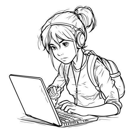Téléchargez les illustrations : Adolescente avec un ordinateur portable. Illustration vectorielle noir et blanc. - en licence libre de droit