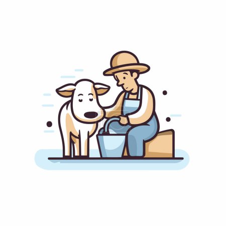 Illustration for Farmer watering a cow. Vector illustration in thin line style. - Royalty Free Image