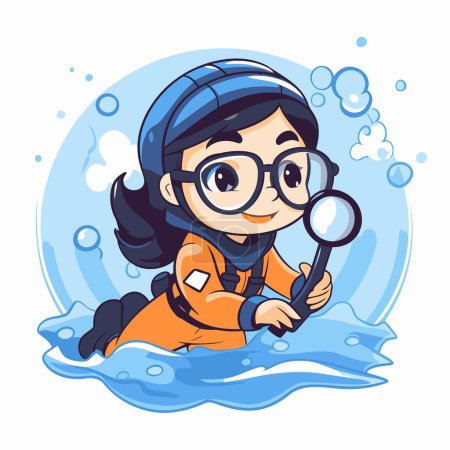 Illustration for Cute girl in diving suit with magnifying glass. Vector illustration. - Royalty Free Image