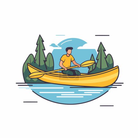 Illustration for Man in a canoe on the lake. Flat style vector illustration. - Royalty Free Image