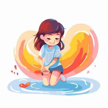 Illustration for Cute little girl playing in the water. Vector cartoon illustration. - Royalty Free Image