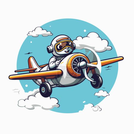 Téléchargez les illustrations : Illustration vectorielle d'un astronaute de dessin animé volant dans un avion rétro. - en licence libre de droit