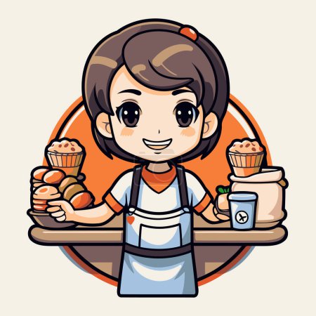 Téléchargez les illustrations : Jolie fille dessin animé avec de la nourriture saine dans le café. Illustration vectorielle. - en licence libre de droit