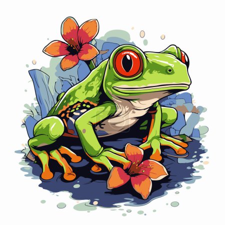 Téléchargez les illustrations : Grenouille et fleur. Illustration vectorielle d'une grenouille verte aux fleurs. - en licence libre de droit