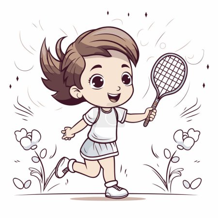 Téléchargez les illustrations : Jolie petite fille jouant au tennis. Illustration vectorielle d'une petite fille jouant au tennis. - en licence libre de droit