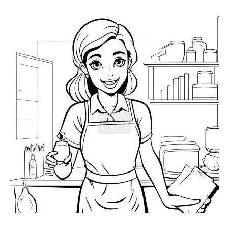 Illustration for Housewife in the kitchen. Black and white vector illustration for coloring book. - Royalty Free Image