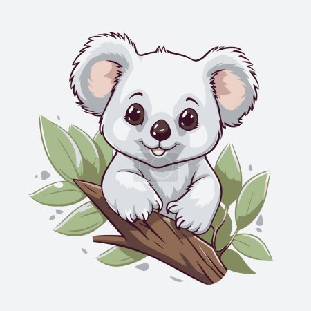 Téléchargez les illustrations : Mignon koala ours sur une branche avec des feuilles. Illustration vectorielle. - en licence libre de droit