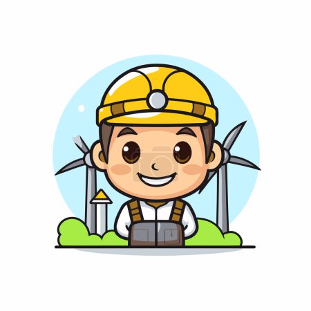 Photo for Cute little boy with windmill and helmet. Vector illustration. - Royalty Free Image