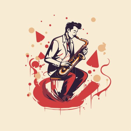 Téléchargez les illustrations : Musicien de jazz jouant du saxophone. Illustration vectorielle dessinée main. - en licence libre de droit