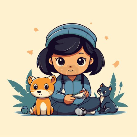 Illustration for Girl with dog and cat. Vector illustration. Cute cartoon style. - Royalty Free Image