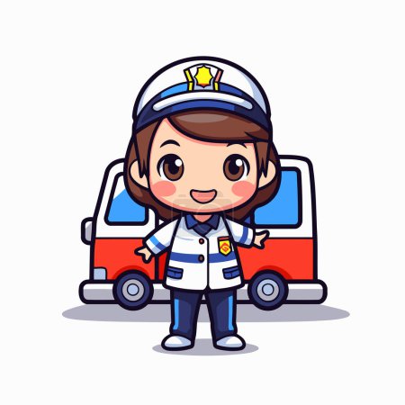 Téléchargez les illustrations : Infirmière mignonne avec illustration vectorielle de dessin animé de personnage de voiture d'ambulance. Isolé sur fond blanc. - en licence libre de droit