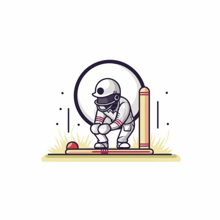 Cricket player in helmet playing cricket. Vector illustration in cartoon style.