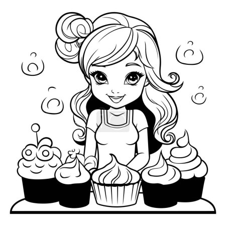 Téléchargez les illustrations : Jolie petite fille avec des cupcakes. Illustration vectorielle noir et blanc. - en licence libre de droit