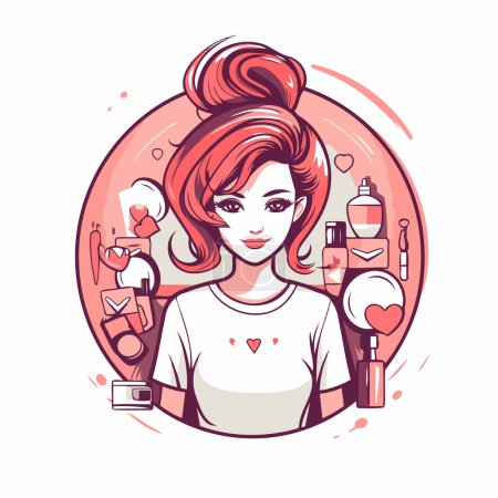 Illustration for Beautiful young woman with makeup tools. Vector illustration in cartoon style. - Royalty Free Image
