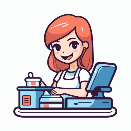 Téléchargez les illustrations : Illustration vectorielle d'une jolie petite fille rousse travaillant à l'ordinateur. - en licence libre de droit