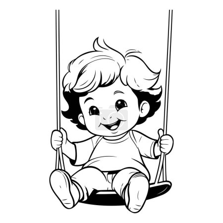 Téléchargez les illustrations : Mignon petit garçon balançant sur une balançoire isolé sur un fond blanc - en licence libre de droit