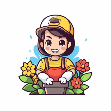 Téléchargez les illustrations : Jolie petite fermière avec seau plein de fleurs. Illustration vectorielle. - en licence libre de droit