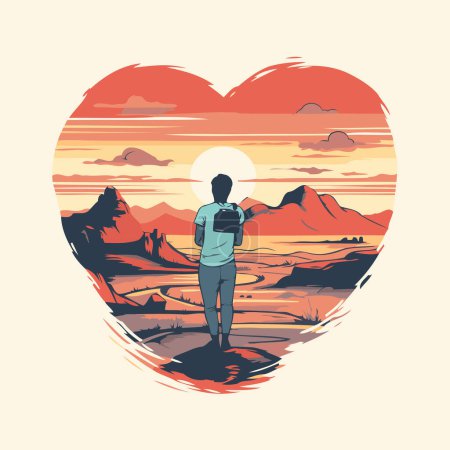Ilustración de Senderismo en el desierto. Ilustración vectorial de un hombre con una mochila y un mapa en forma de corazón. - Imagen libre de derechos