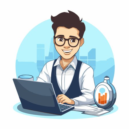 Téléchargez les illustrations : Homme d'affaires travaillant sur un ordinateur portable au bureau. Illustration vectorielle dans le style dessin animé - en licence libre de droit