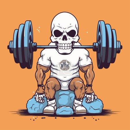 Illustration for Skull lifting a barbell. Vector illustration of a skull lifting a barbell. - Royalty Free Image