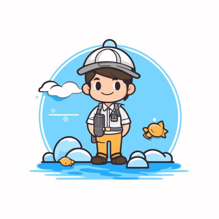 Ilustración de Lindo chico con caña de pescar y peces en el mar. Ilustración vectorial. - Imagen libre de derechos