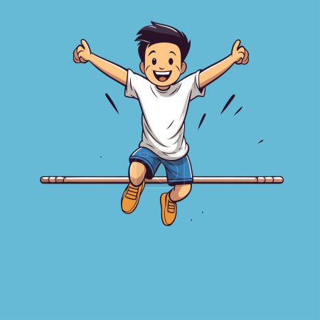 Téléchargez les illustrations : Joyeux garçon sautant sur un bar. Illustration vectorielle dans le style dessin animé. - en licence libre de droit
