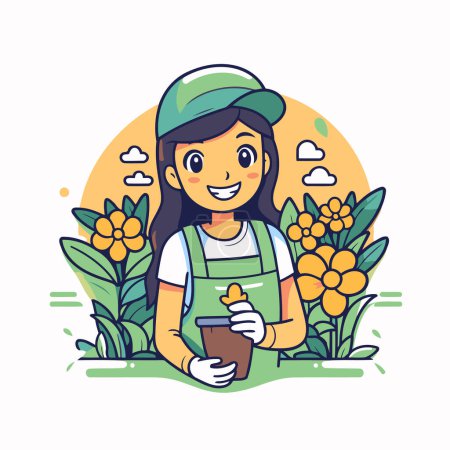 Téléchargez les illustrations : Jardinier fille avec une fleur. Illustration vectorielle dans le style dessin animé. - en licence libre de droit