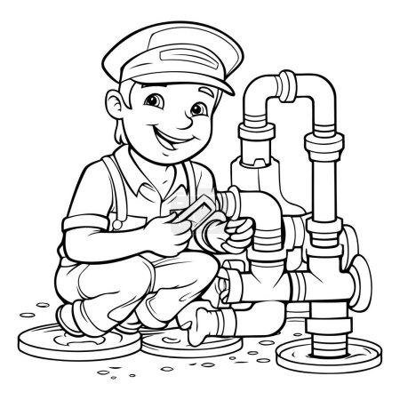 Illustration of a Plumber Repairing a Pipe at Work. Coloring Page