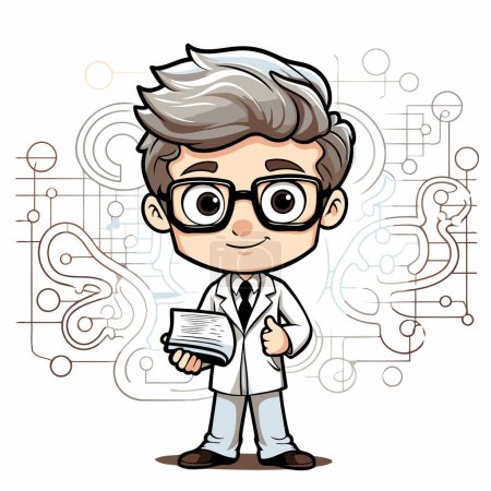 Illustration for Vector illustration of a boy in glasses and a lab coat holding a book - Royalty Free Image
